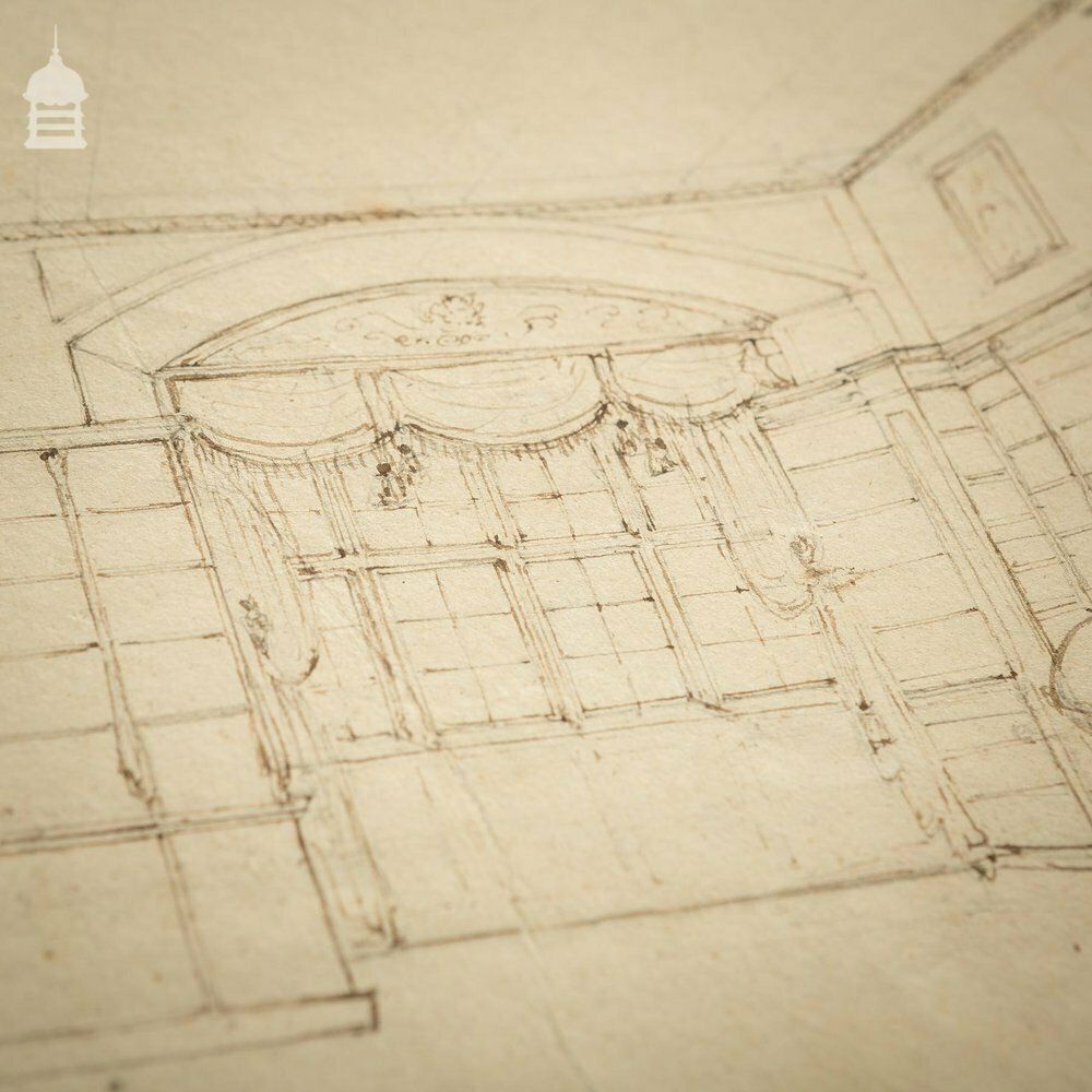 Original Edwardian Hand Drawn Sketch Of A Stately Home Grand Drawing Room photo Art