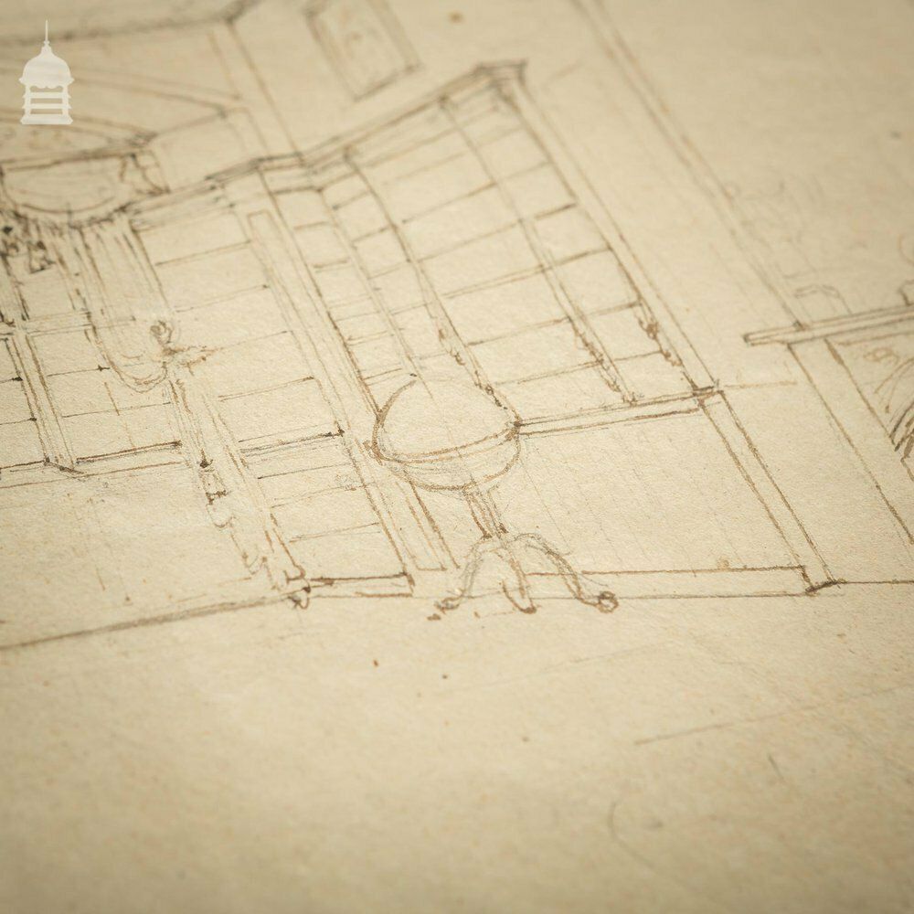 Original Edwardian Hand Drawn Sketch Of A Stately Home Grand Drawing Room photo vinterior