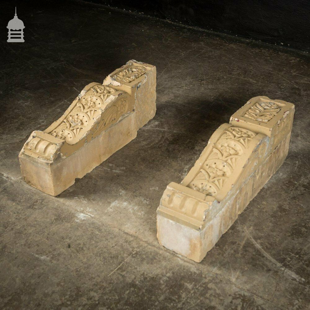 photo for sale Pair Of 19th C Decorative Floral Design Large Buff Corbels Stone Supports