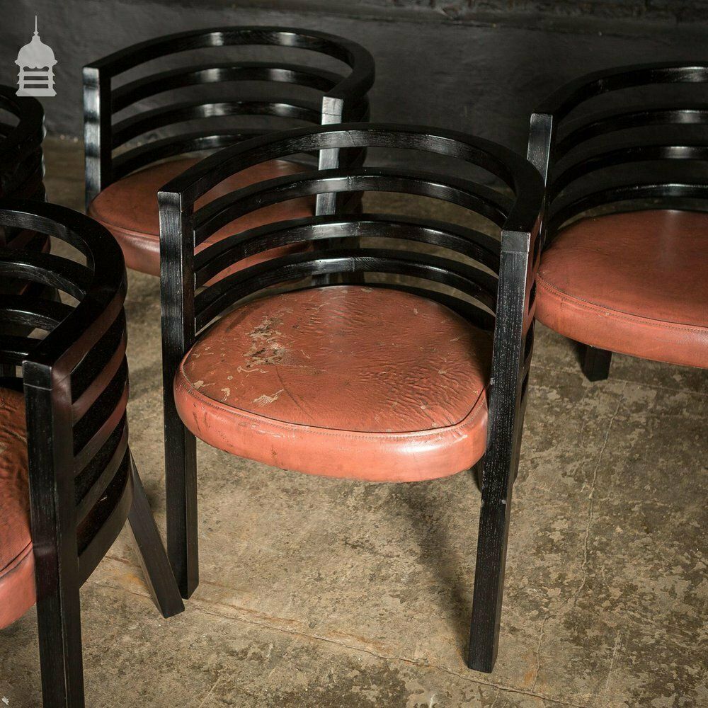 Set Of Six Ebonised Hardwood Deco Tub Shape Dining Chairs