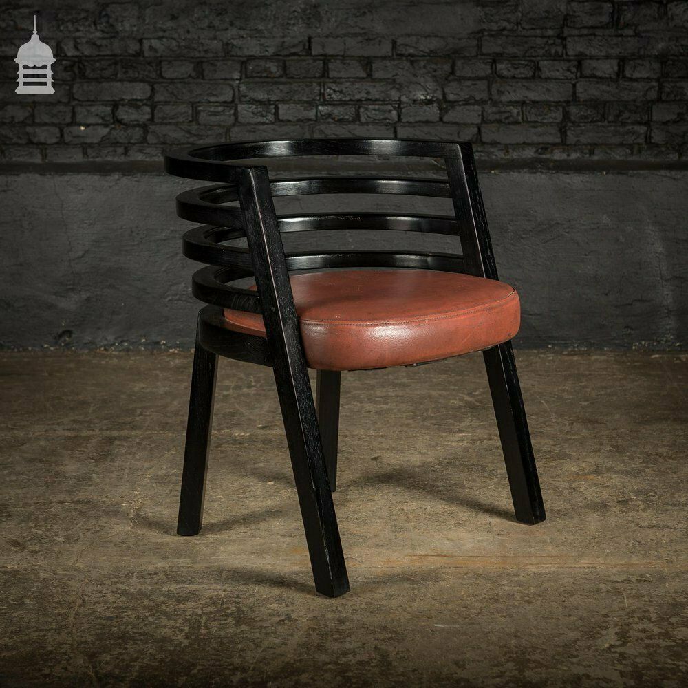 Set Of Six Ebonised Hardwood Deco Tub Shape Dining Chairs photo vintage