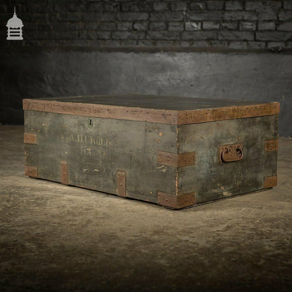 photo vinterior 19th C Royal Regiment Wooden Truck Chest With “A.D. Chubb R.C.A” Monogram