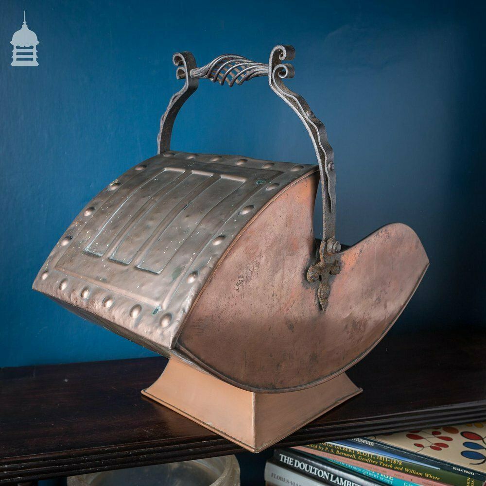 photo for sale Arts & Crafts Copper Coal Scuttle With Decorative Riveted Wrought Iron Scroll And Twist Handle