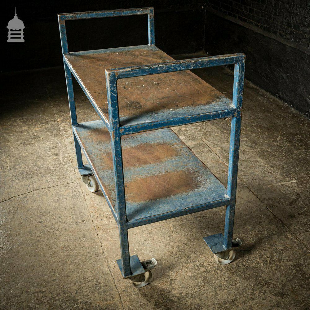 Vintage Industrial Blue Steel Wheeled Trolley Mobile Shelving Unit photo vinterior