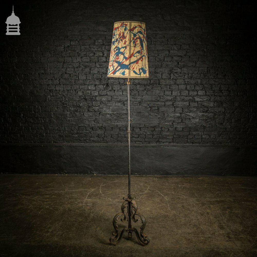 Mid Century Wrought Iron Standard Lamp With Scroll Detail And Colourful Shade photo vintage