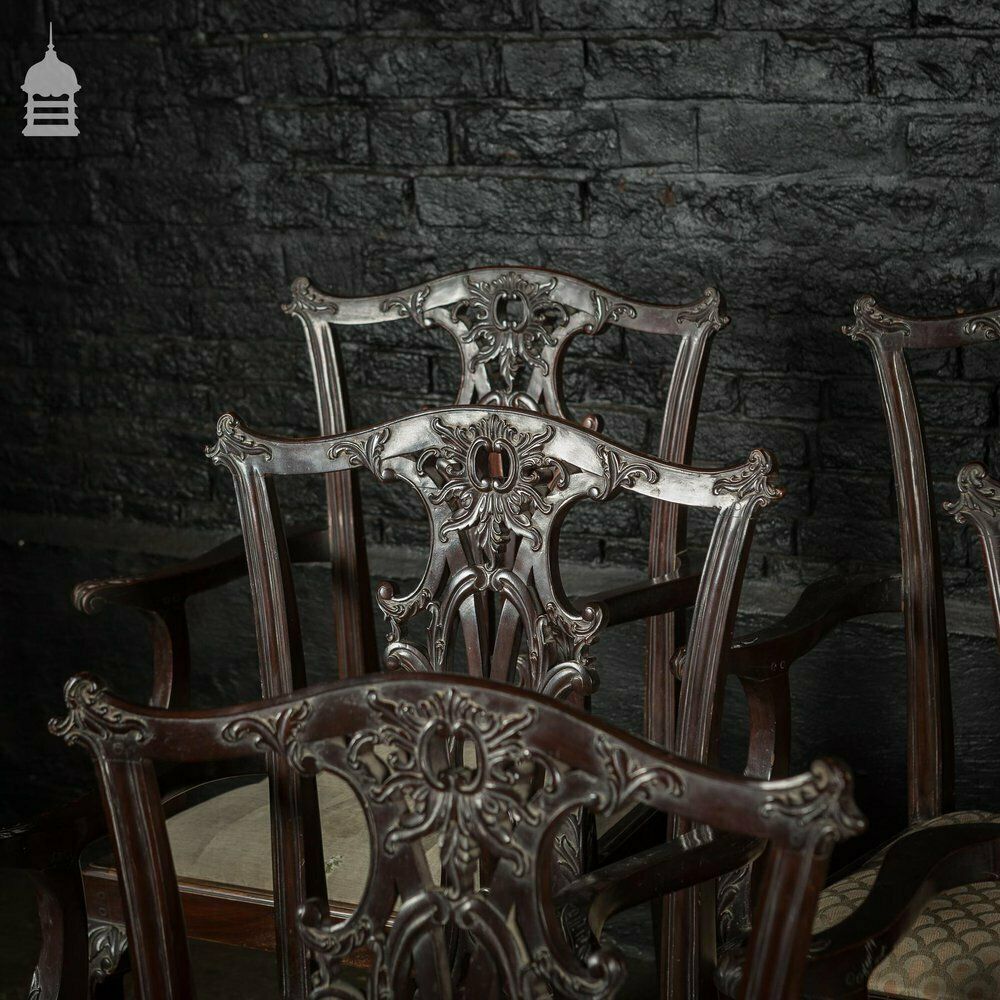 Set Of Six Ornate Chippendale Revival Dining Chairs Armchairs Circa 1900 photo vinterior