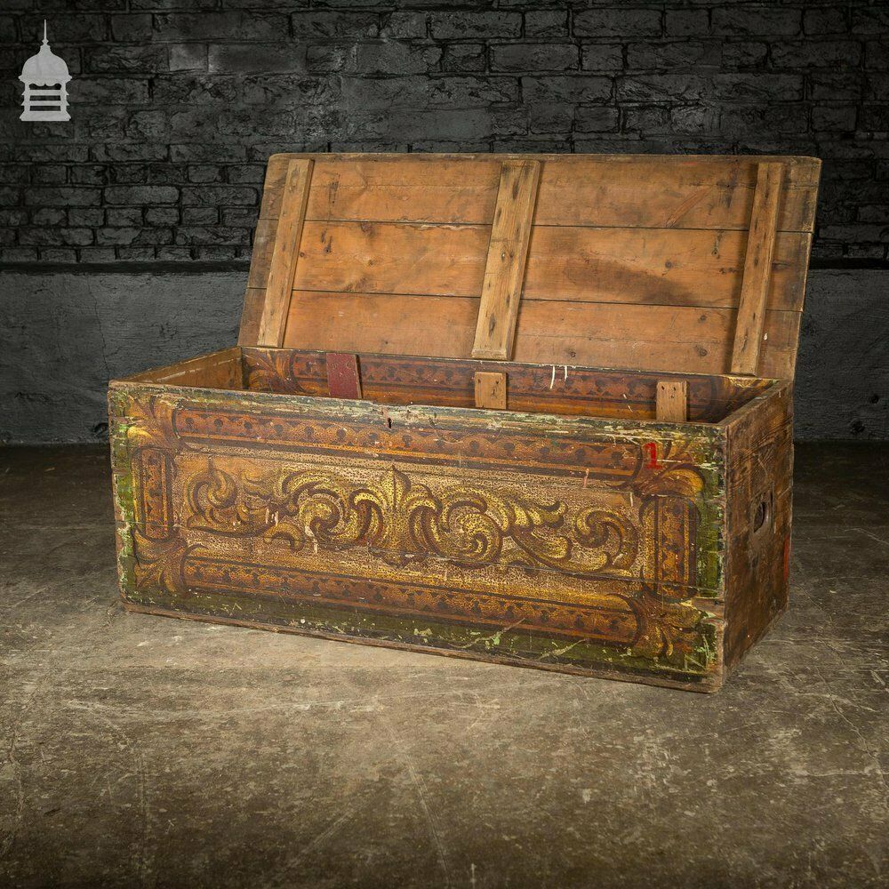 Furniture 19th C Pine Gypsy Showman’s Travel Chest With Original Painted Finish photo