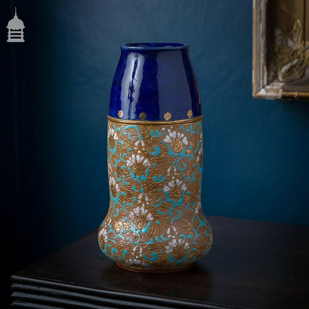 Set Of 3 Ornate Blue And Gold Royal Doulton Masonic Vases photo 528.0