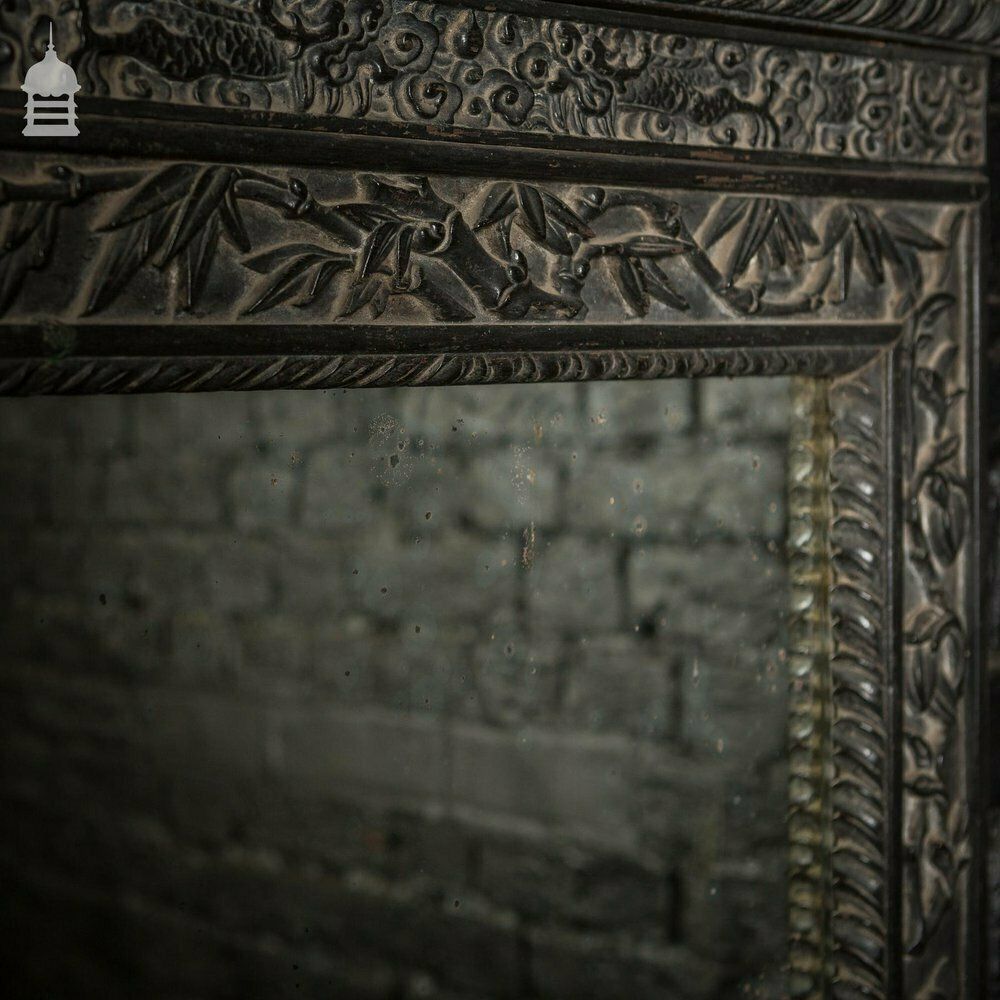 Tall 19th C Ebonised Chinese Pier Plate Mirror With Carved Dragons photo vintage