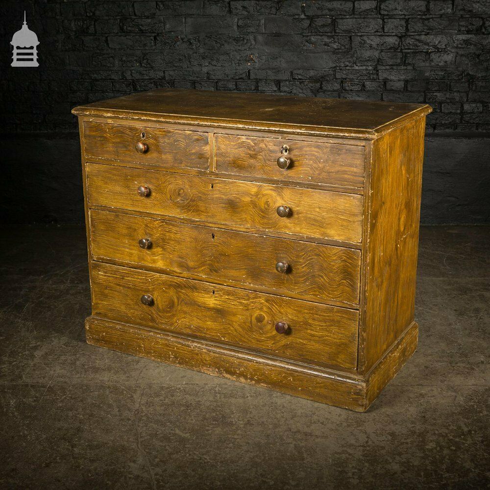 19th C Two Over Three Chest Of Drawers With Graining Finish And Key photo furniture