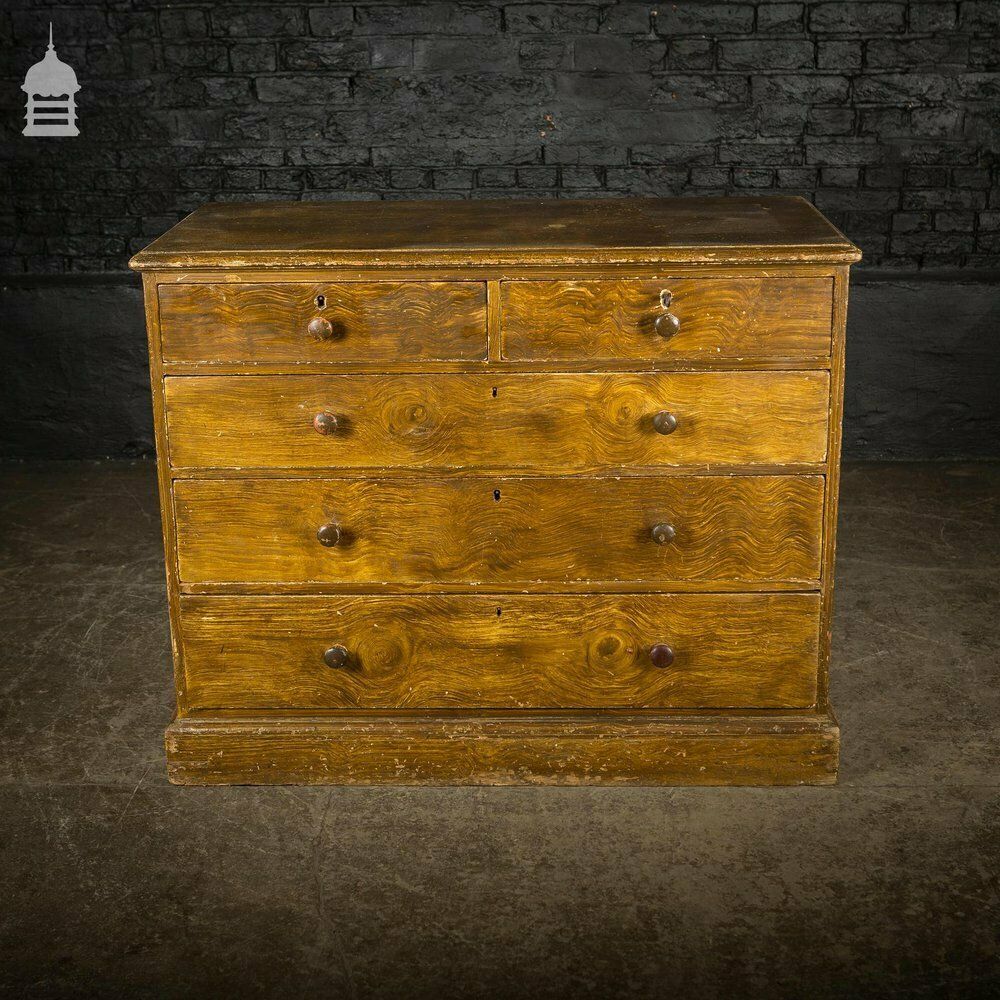 Furniture 19th C Two Over Three Chest Of Drawers With Graining Finish And Key photo