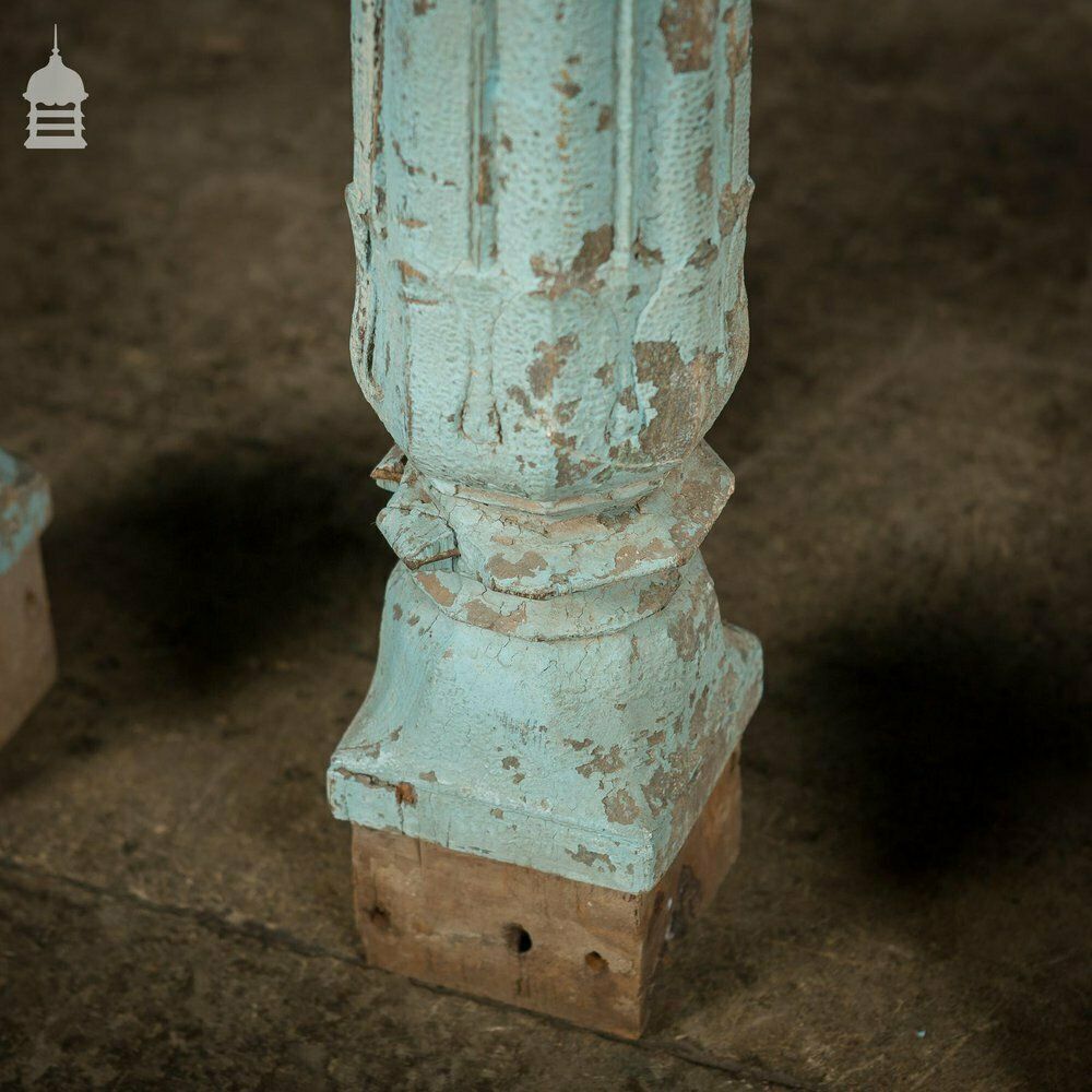 Set Of 4 19th C Blue Painted Reeded Hardwood Columns With Acanthus Leaf Detail photo for sale