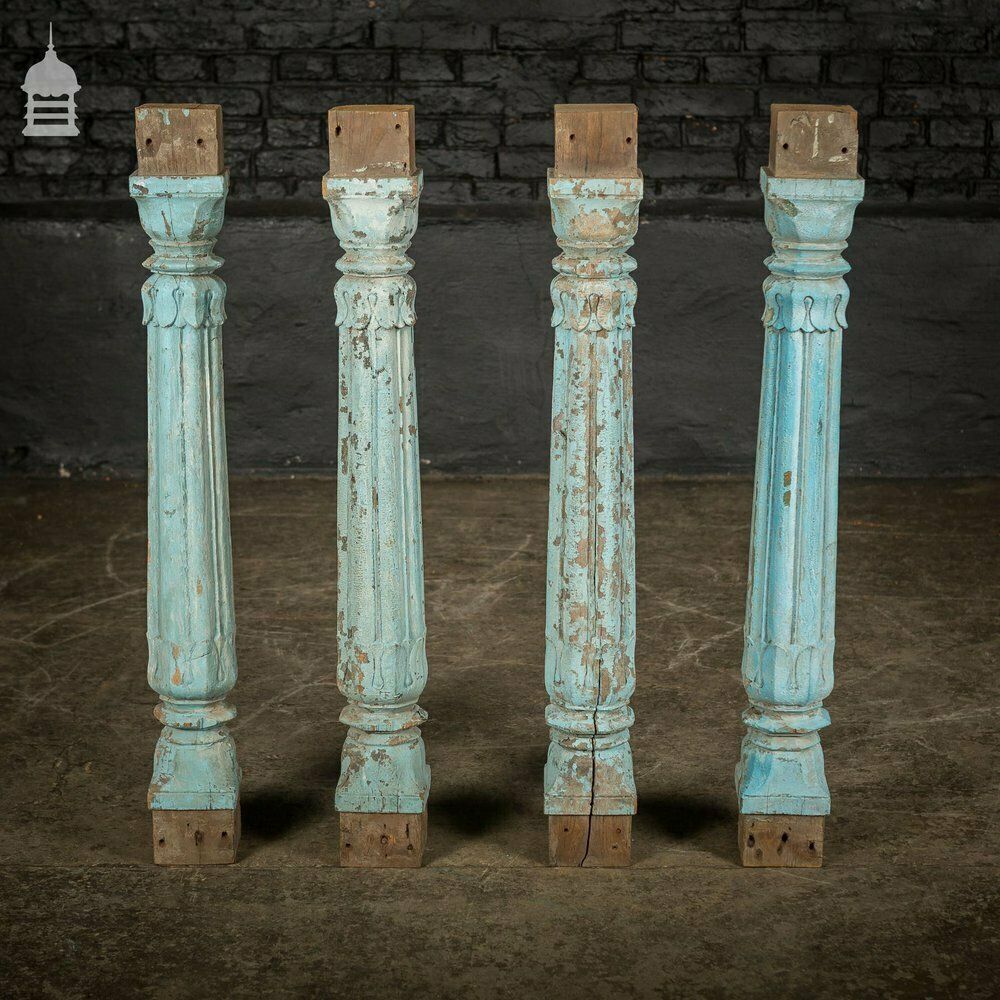 Set Of 4 19th C Blue Painted Reeded Hardwood Columns With Acanthus Leaf Detail photo Home Decor