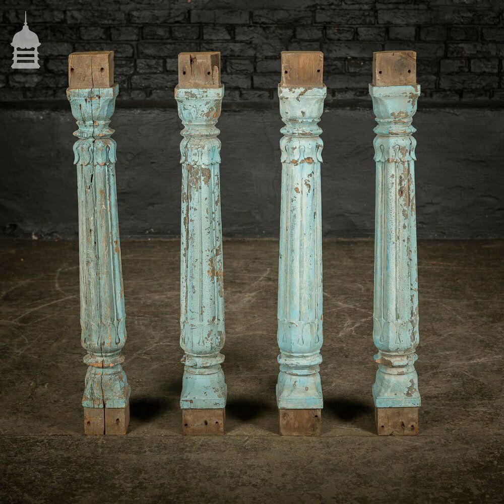 photo for sale Set Of 4 19th C Blue Painted Reeded Hardwood Columns With Acanthus Leaf Detail
