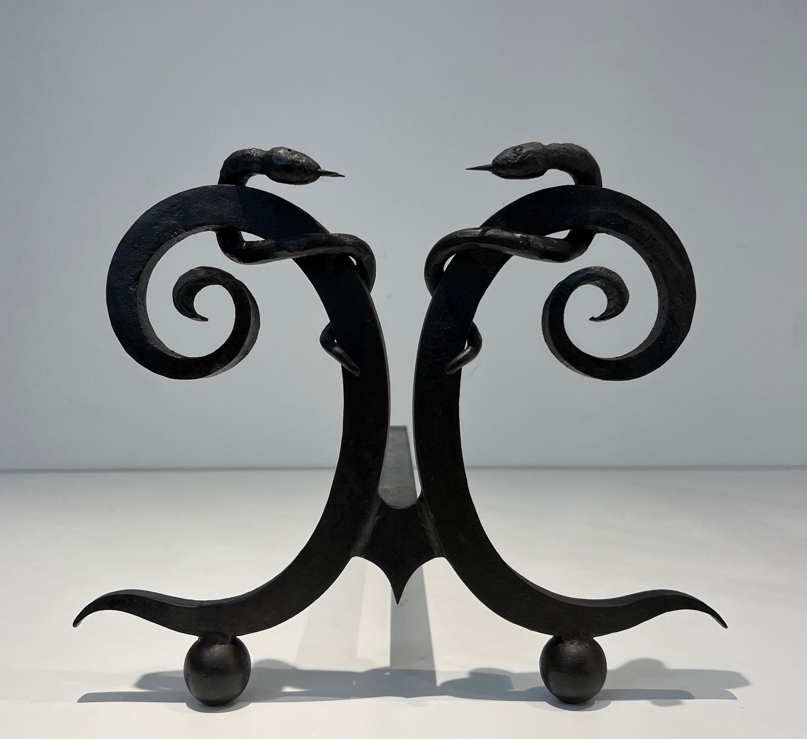 Pair Of Wrought Iron Andirons "With Snakes" In The Taste Of Edgar Brandt photo vinterior
