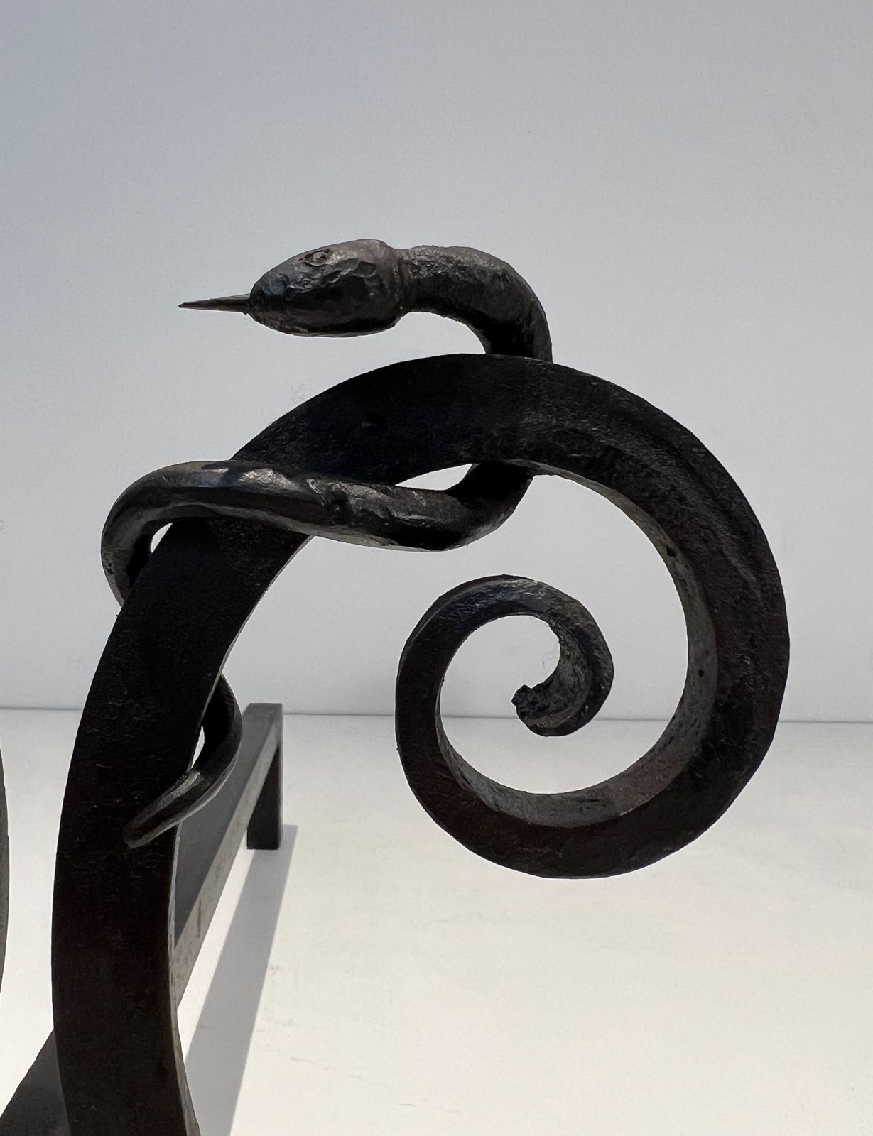 photo furniture Pair Of Wrought Iron Andirons "With Snakes" In The Taste Of Edgar Brandt