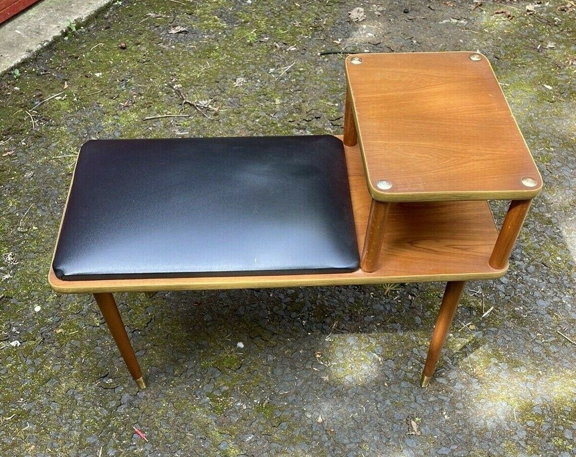 Vintage Teak Telephone Bench Unit With Vinyl Seat, 1960s