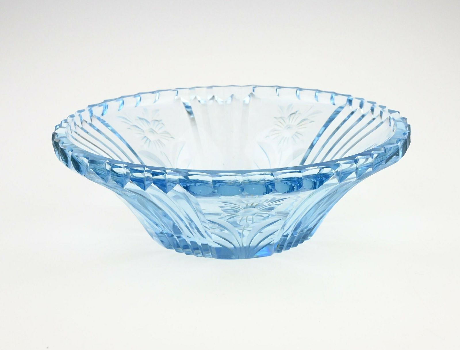 Antique Blue Glass Bowl With Floral Etchings   Timeless Beauty From The 1930s 1940s, Cut To Clear Bowl, Antique Glass Bowl, Blue Glass photo for sale