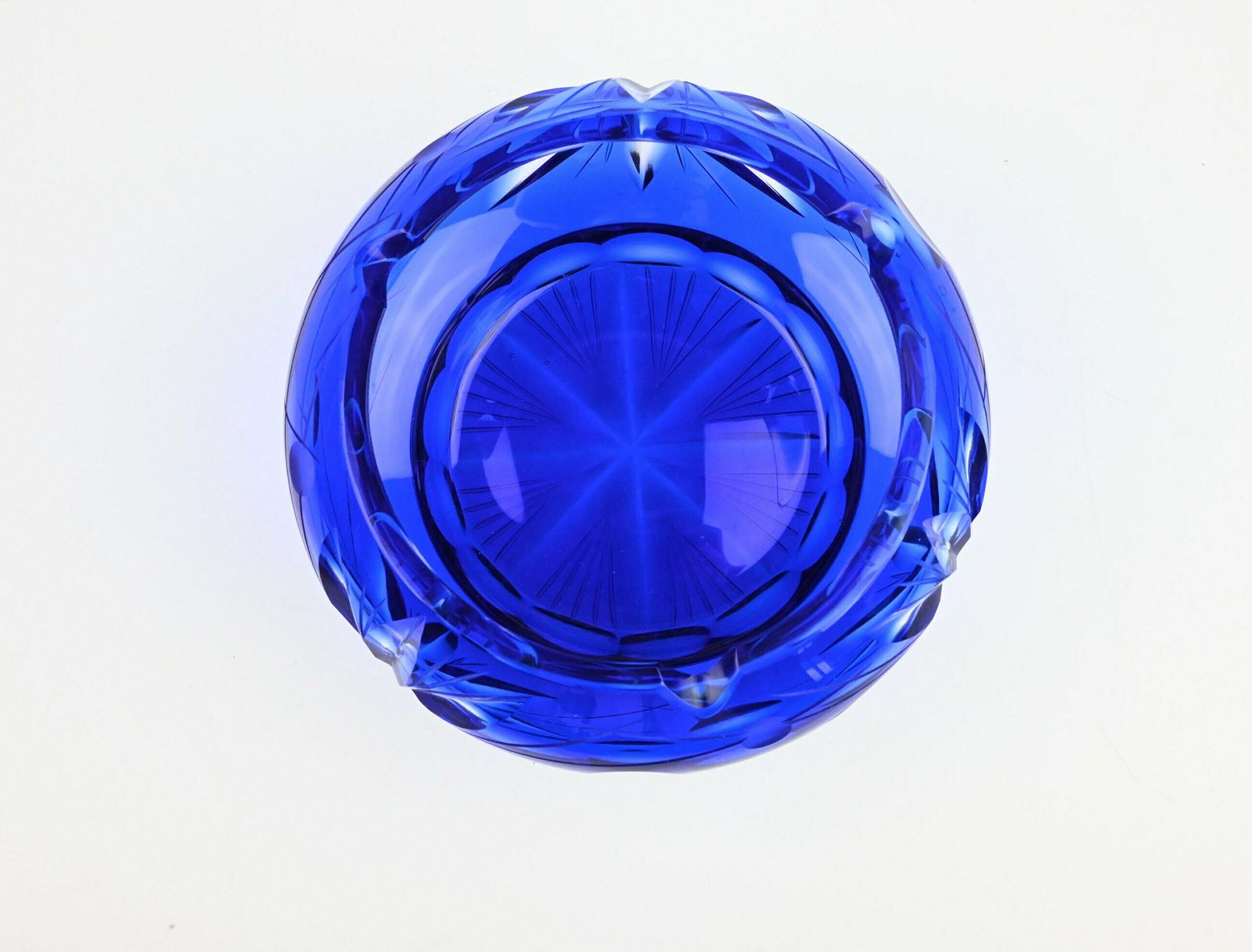 Antique Czech Glass Ashtray   Cobalt Blue With Flower Etchings, 1960s 1970s Elegance Glass Ashtray, Czech Glass Ashtray, Glass Ashtray photo vintage