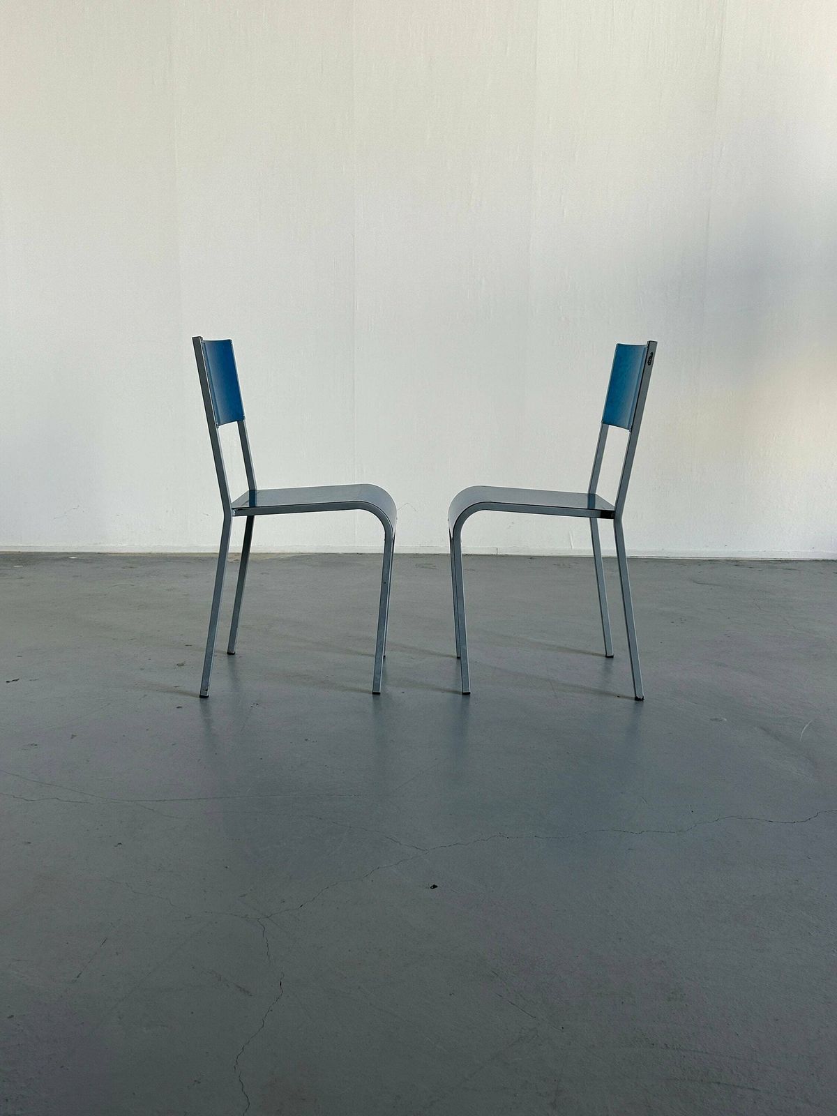 Pair Of Blue Postmodern Industrial Galvanized Metal Dining Chairs By Parisotto, 1980s Italy photo Furniture