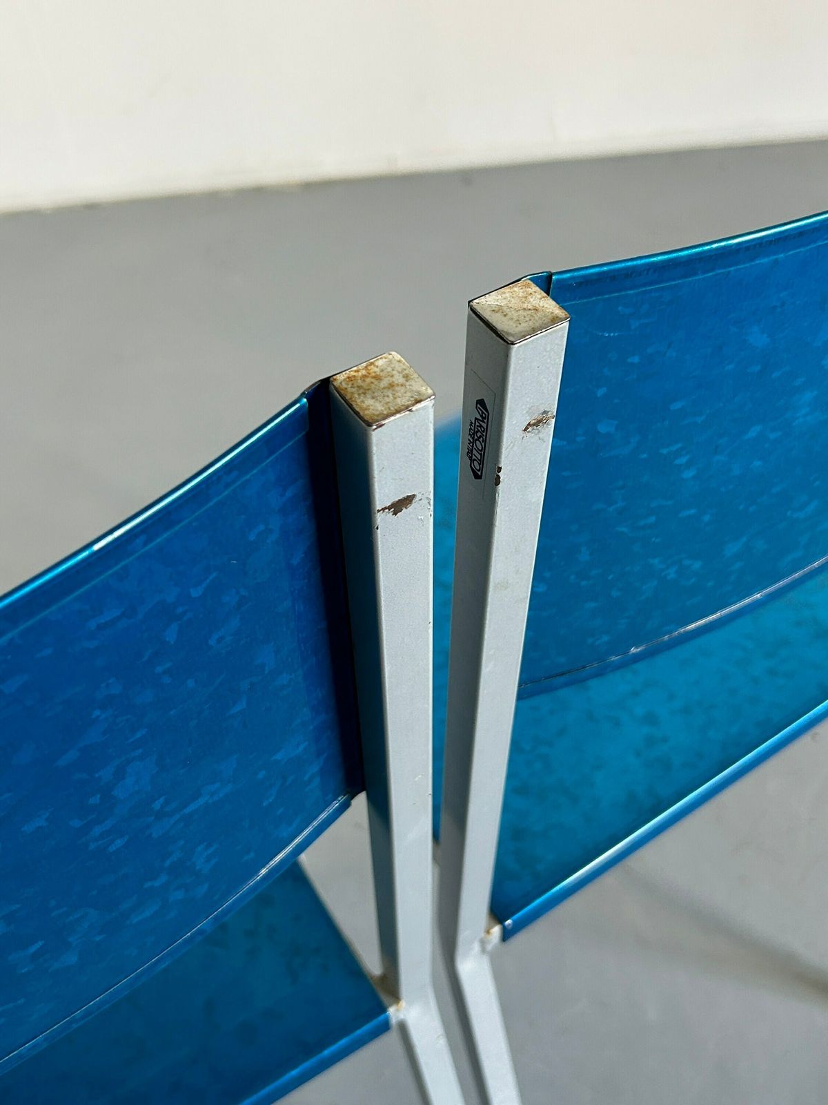Pair Of Blue Postmodern Industrial Galvanized Metal Dining Chairs By Parisotto, 1980s Italy photo vinterior