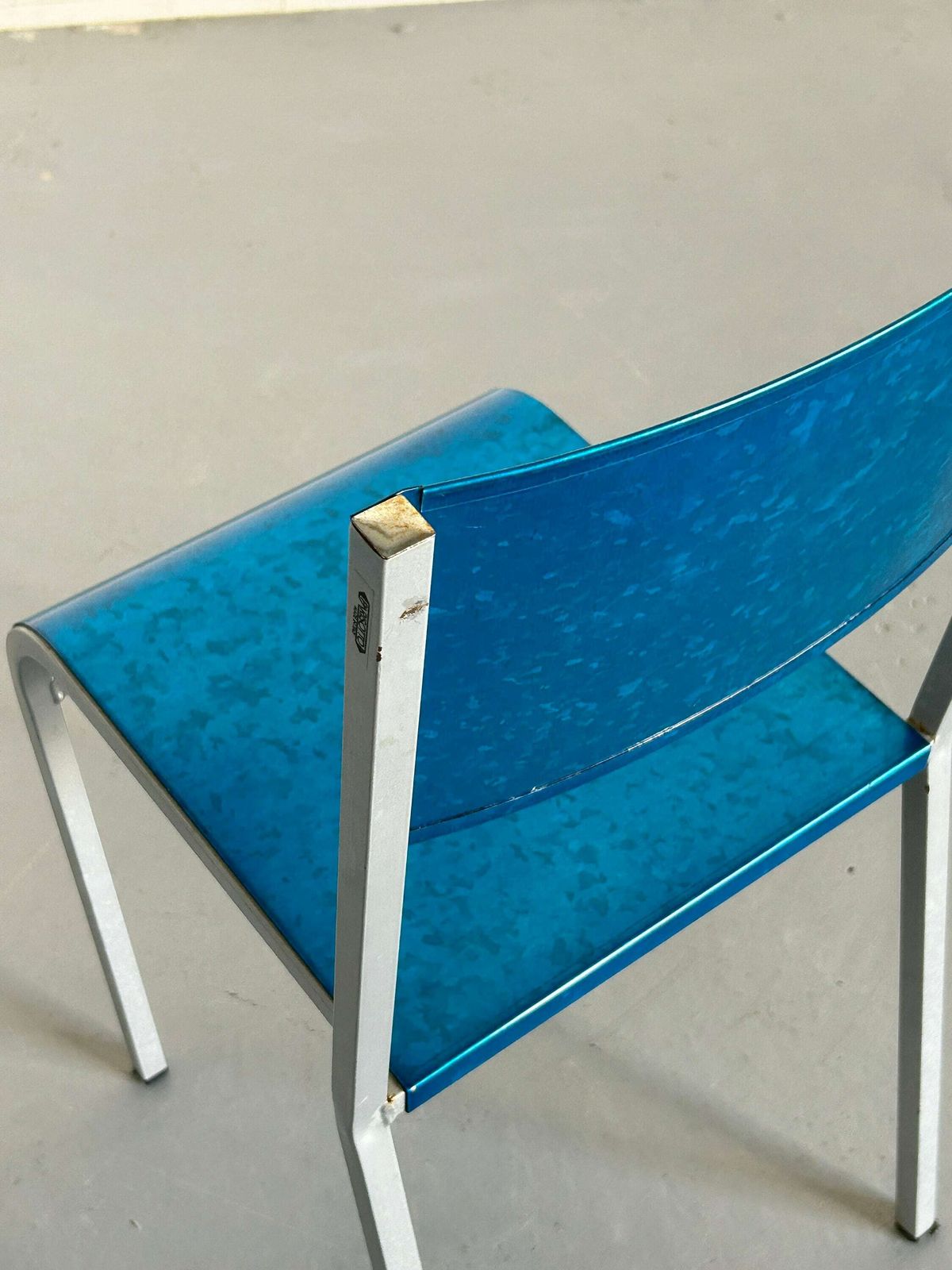 Pair Of Blue Postmodern Industrial Galvanized Metal Dining Chairs By Parisotto, 1980s Italy photo vintage