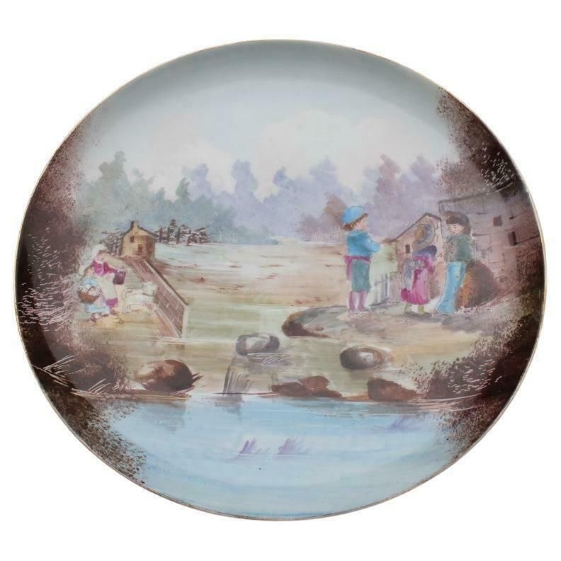 Plate Decorated And Hand Painted 1930 With Children And Porcelain Countryside