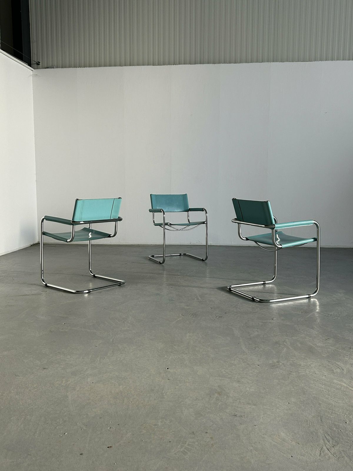 1 Of 3 Vintage Mid Century Iconic Mart Stam S34 Design Armchairs In Teal Blue, 1980s / Bauhaus Tubular Steel And Leather Cantilever Chairs photo Furniture