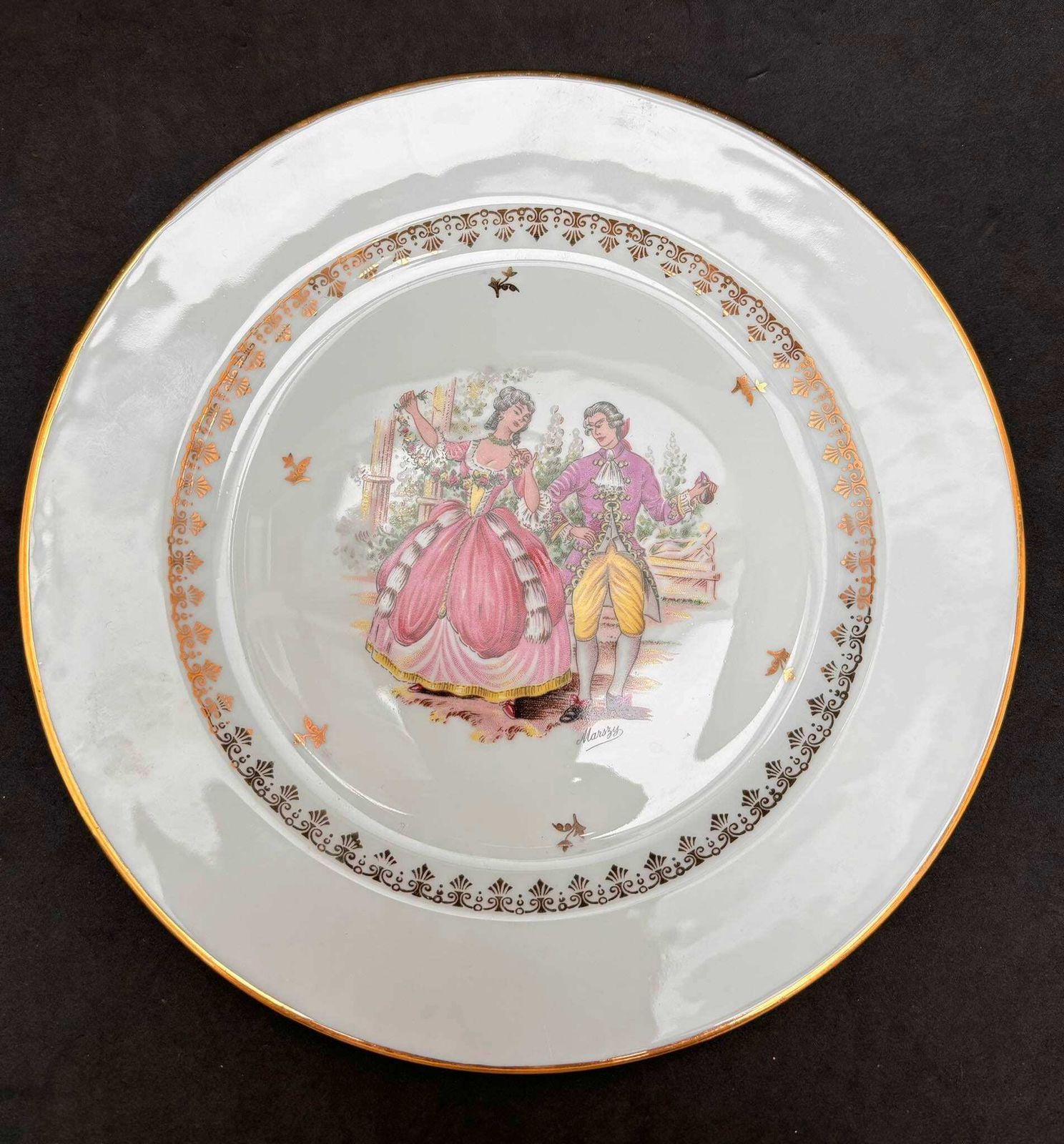 Porcelain Limoges Dinnerware Scene Gallant Plates Set 4 Dinner Plates Scene Galante Discontinued Replacement White Golden Rim Romantic