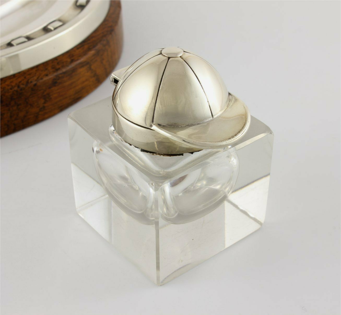 Silver Plate & Oak Horseshoe With Jockey Cap Glass Inkwell Desk Stand. photo buy