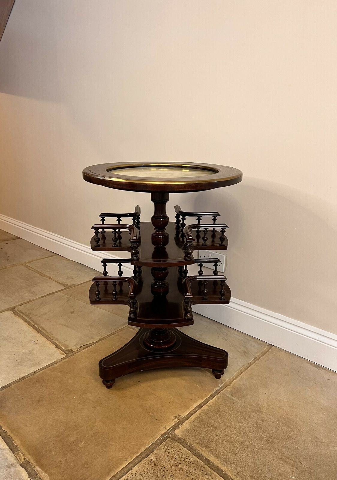 Unusual Antique Quality Mahogany Brass Inlaid Marble Top Revolving Table photo for sale