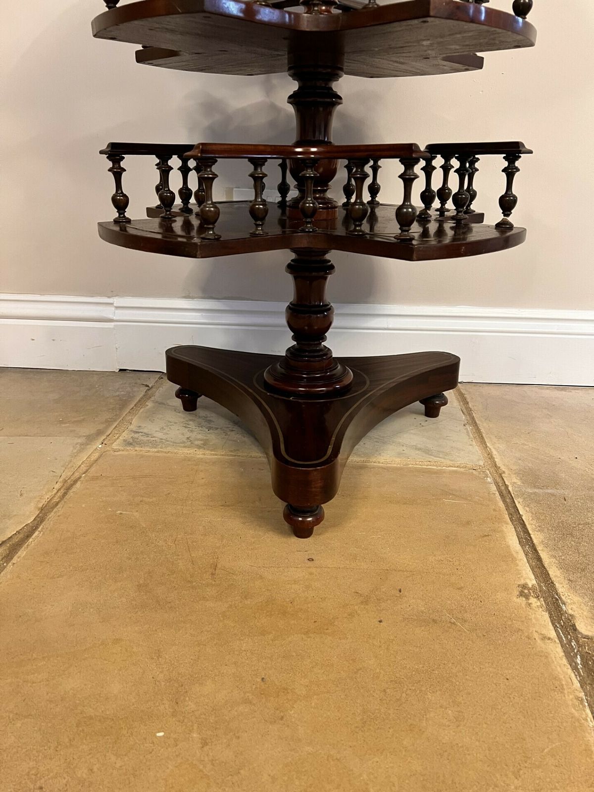 Unusual Antique Quality Mahogany Brass Inlaid Marble Top Revolving Table photo vinterior