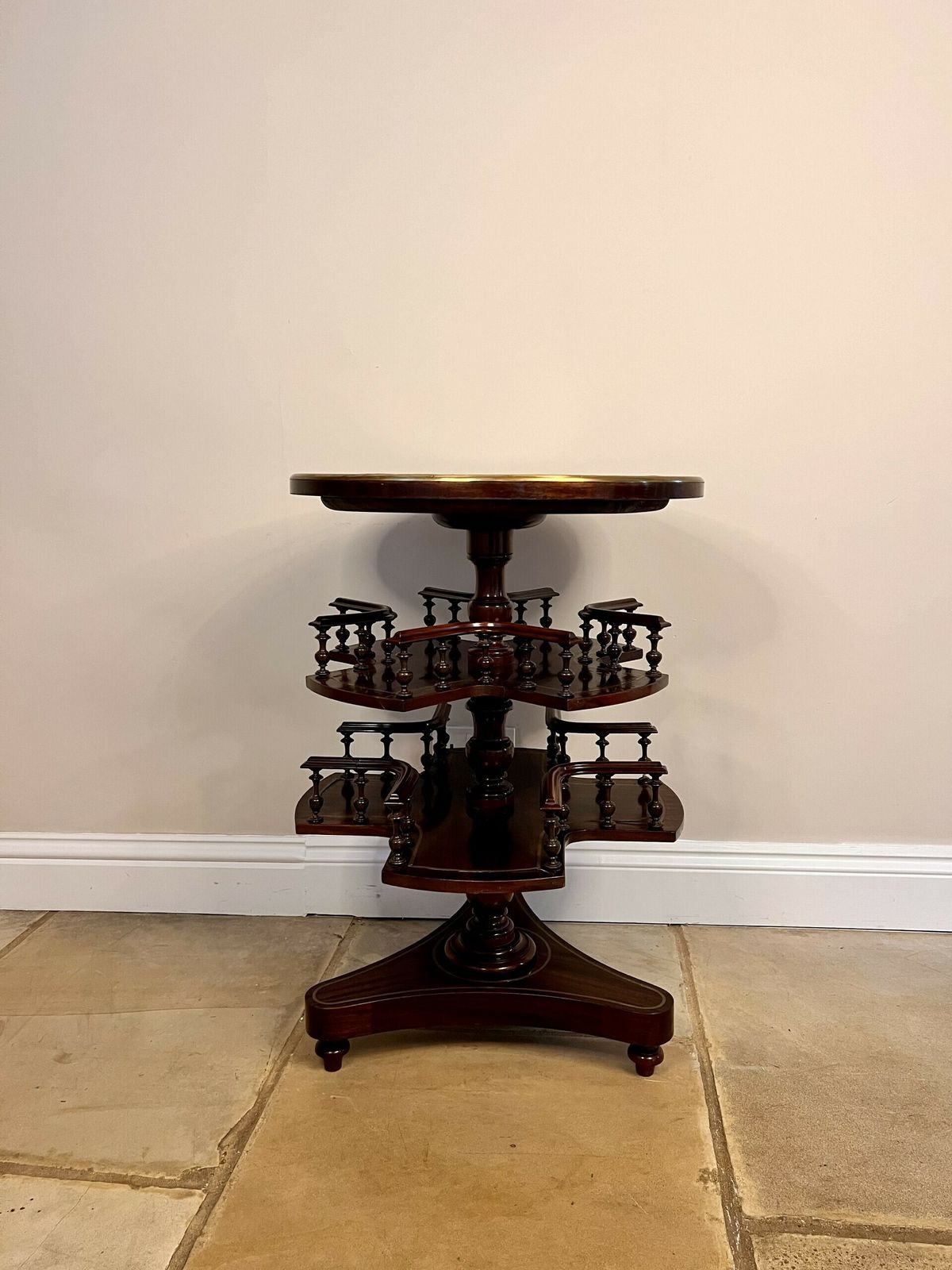 photo for sale Unusual Antique Quality Mahogany Brass Inlaid Marble Top Revolving Table