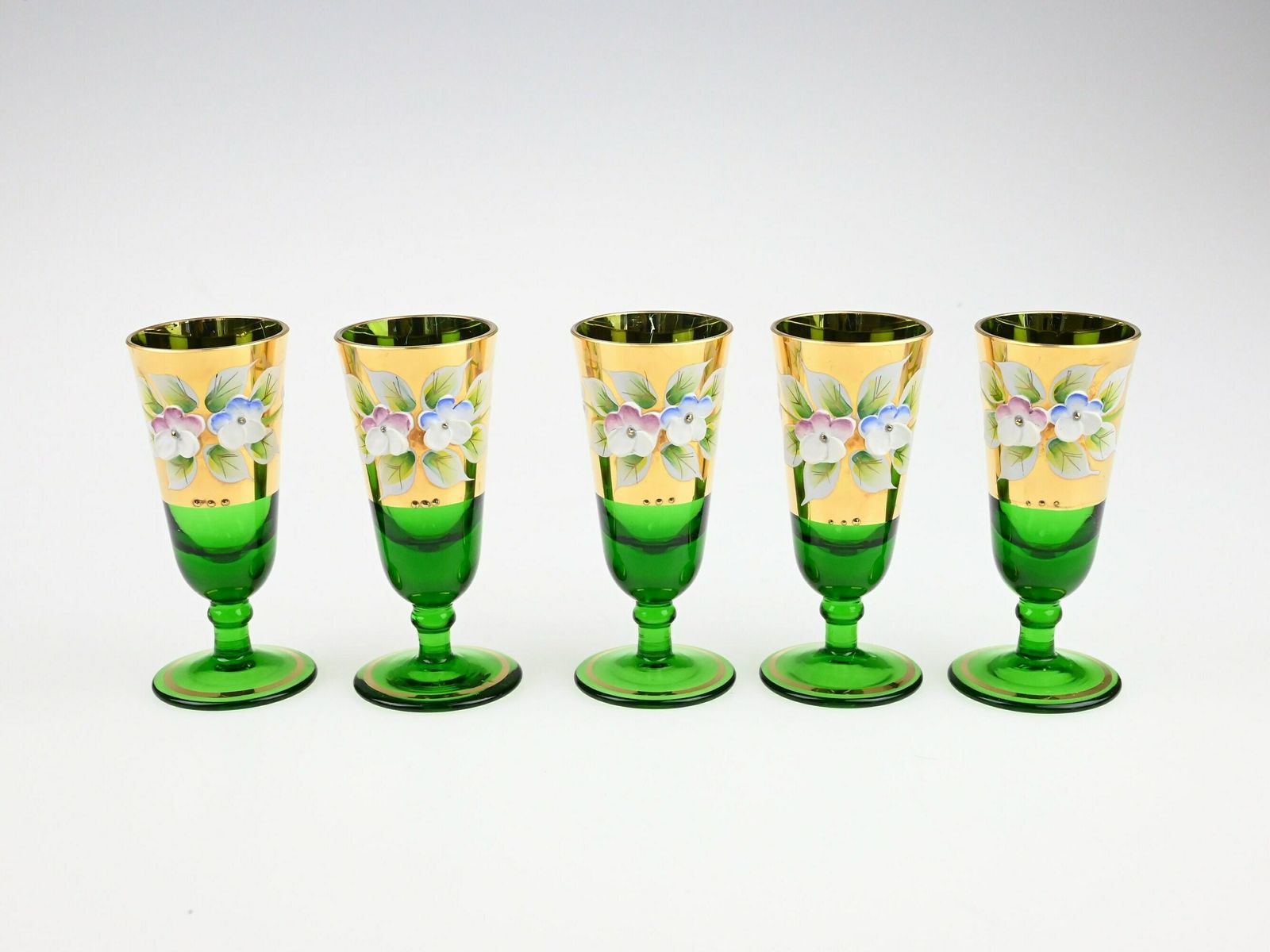 Antique Liqueur Set Adorned With 24 Karat Gold   Elegant Ensemble In Green Floral Motif, Novy Bor Glassworks, Liqueur Set, Gold Plated Glass photo furniture