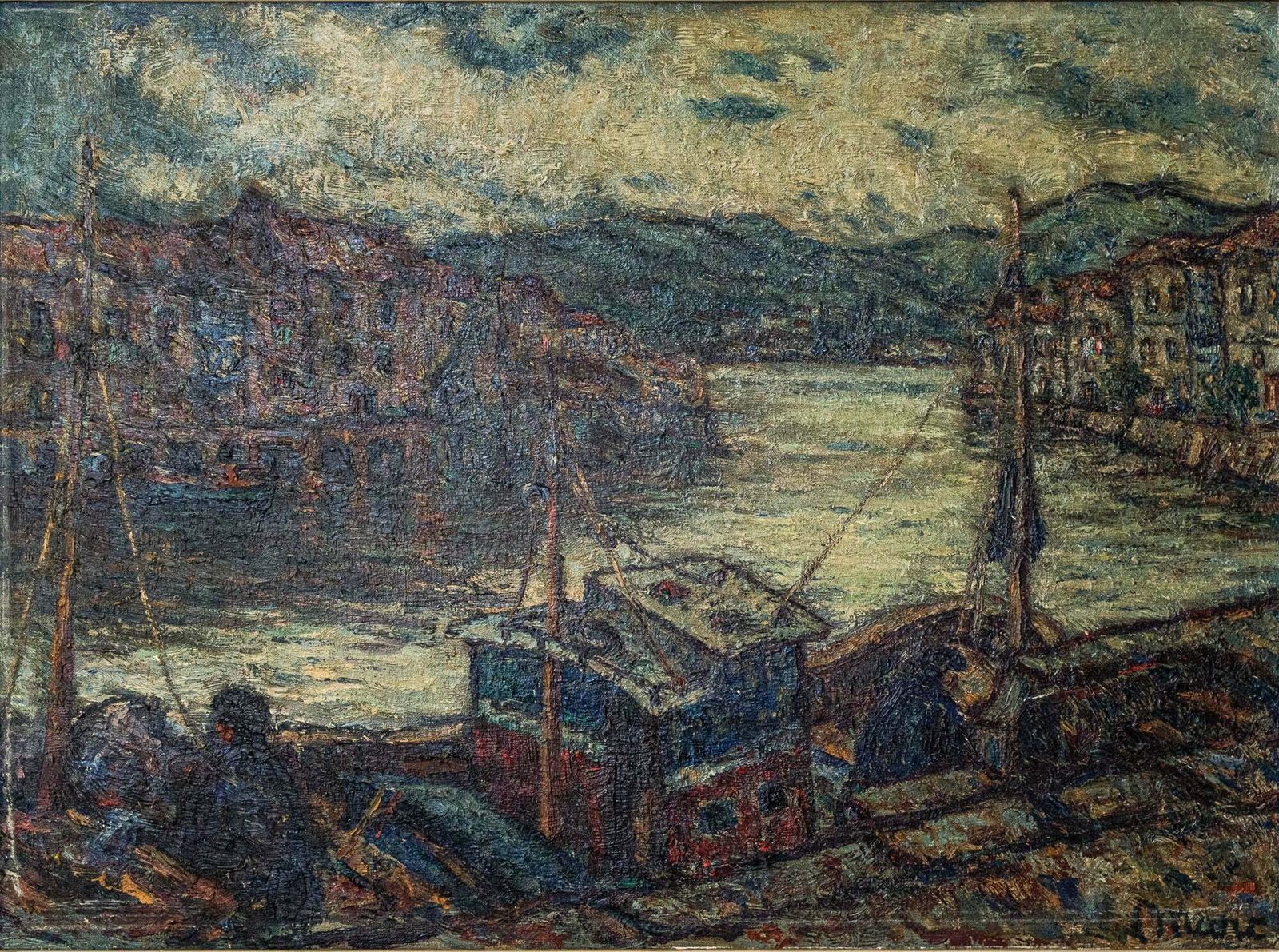 Atmospheric Signed Impressionist Oil Of Barges In A Port