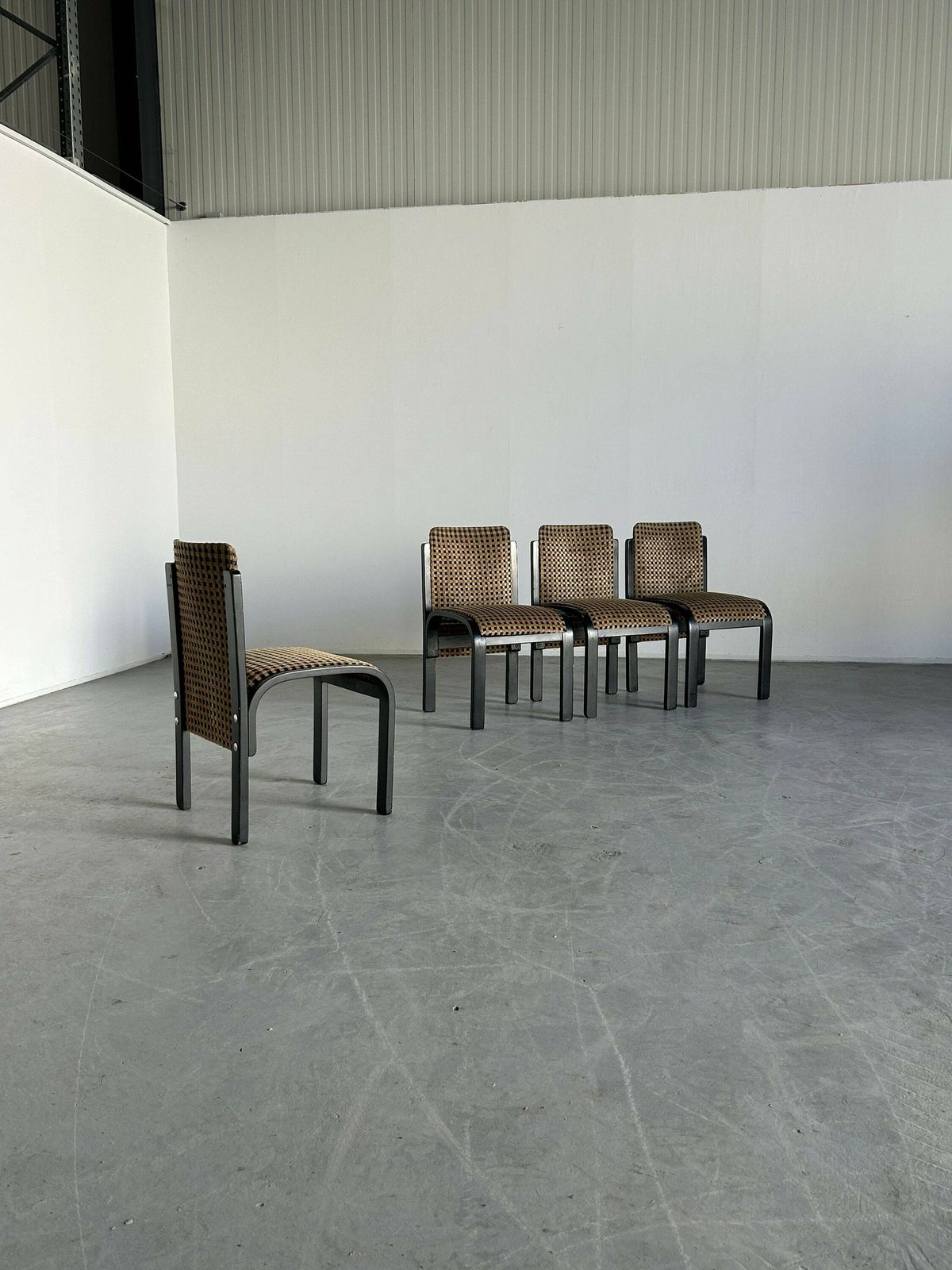 Set Of 4 Italian Sculptural Lacquered Bentwood Dining Chairs, Geometric Pattern Velvet, In Style Of Pierluigi Molinari, 1970s Italy photo furniture