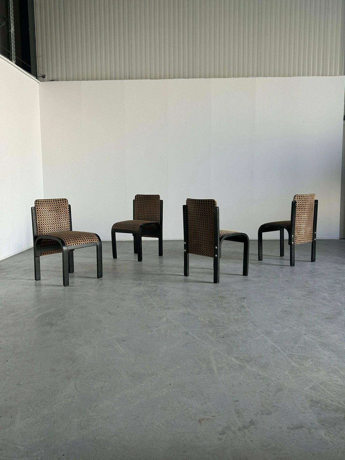 Set Of 4 Italian Sculptural Lacquered Bentwood Dining Chairs, Geometric Pattern Velvet, In Style Of Pierluigi Molinari, 1970s Italy photo for sale