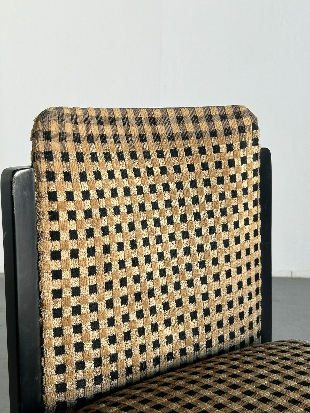 photo for sale Set Of 4 Italian Sculptural Lacquered Bentwood Dining Chairs, Geometric Pattern Velvet, In Style Of Pierluigi Molinari, 1970s Italy