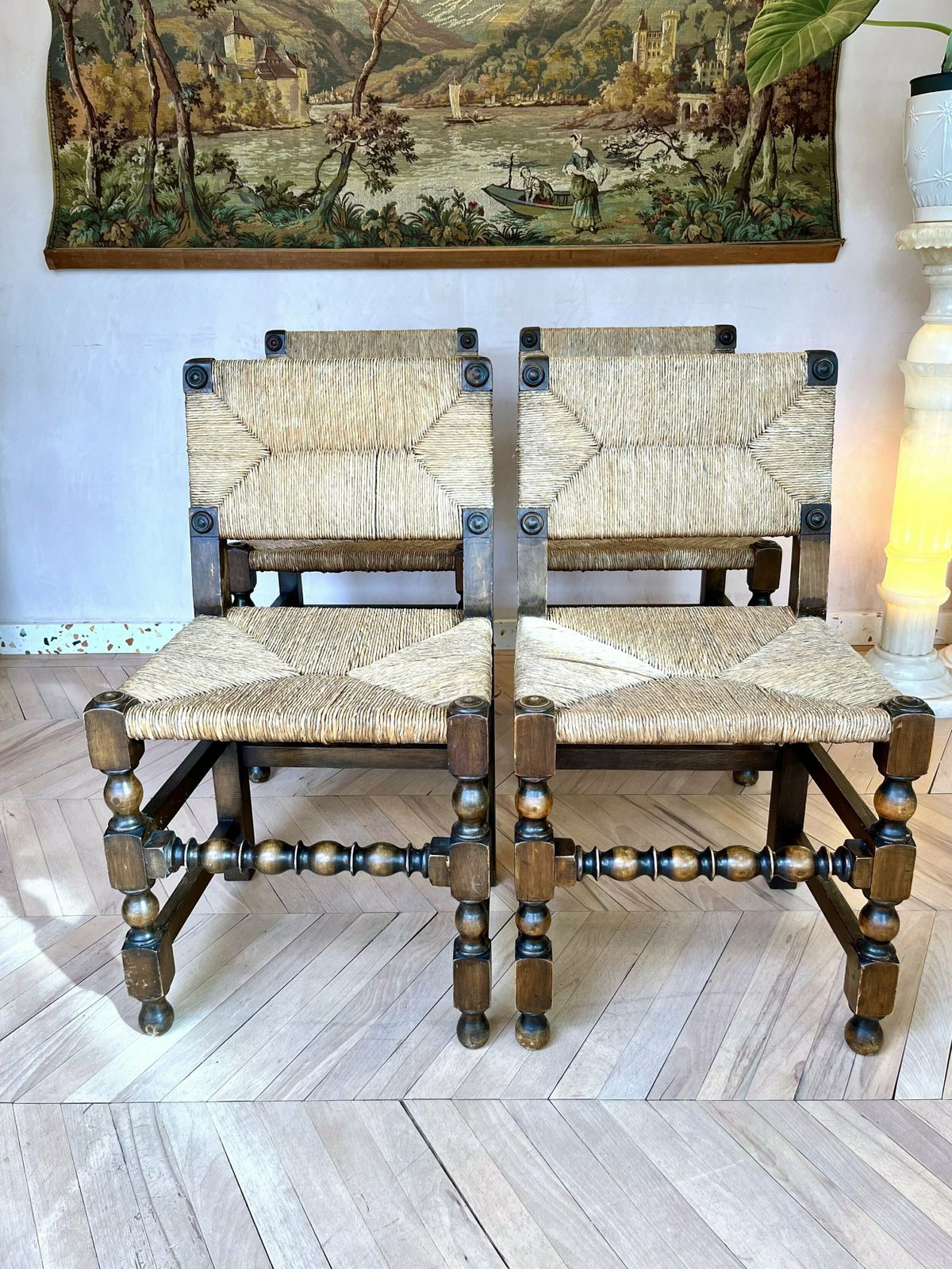 photo furniture Set Of Four 1950s French Rush & Carved Oak Dining Chairs