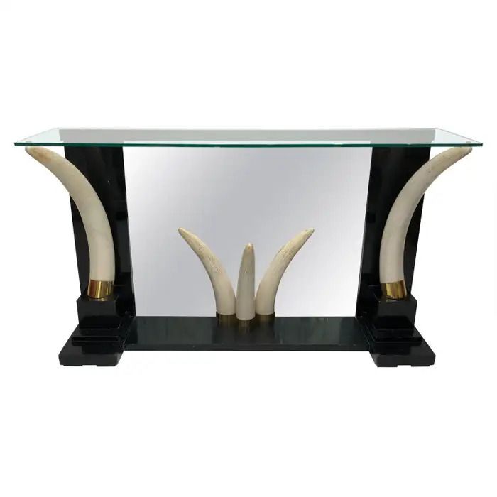 Versailles Collection Elephant Faux Tusk Ebony Console Glass Top With Mirror1970s