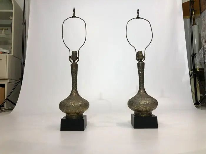 Pair Of Brass Oriental Style Table Lamps Mid Century 1960s Hollywood photo furniture