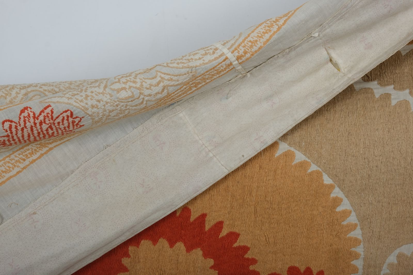 Suzani Bedspread   Neutral Tan Uzbek Cloth   Tribal Embroidery Wall Decor, Boho Textile, Ethnic 152 X 175 photo for sale