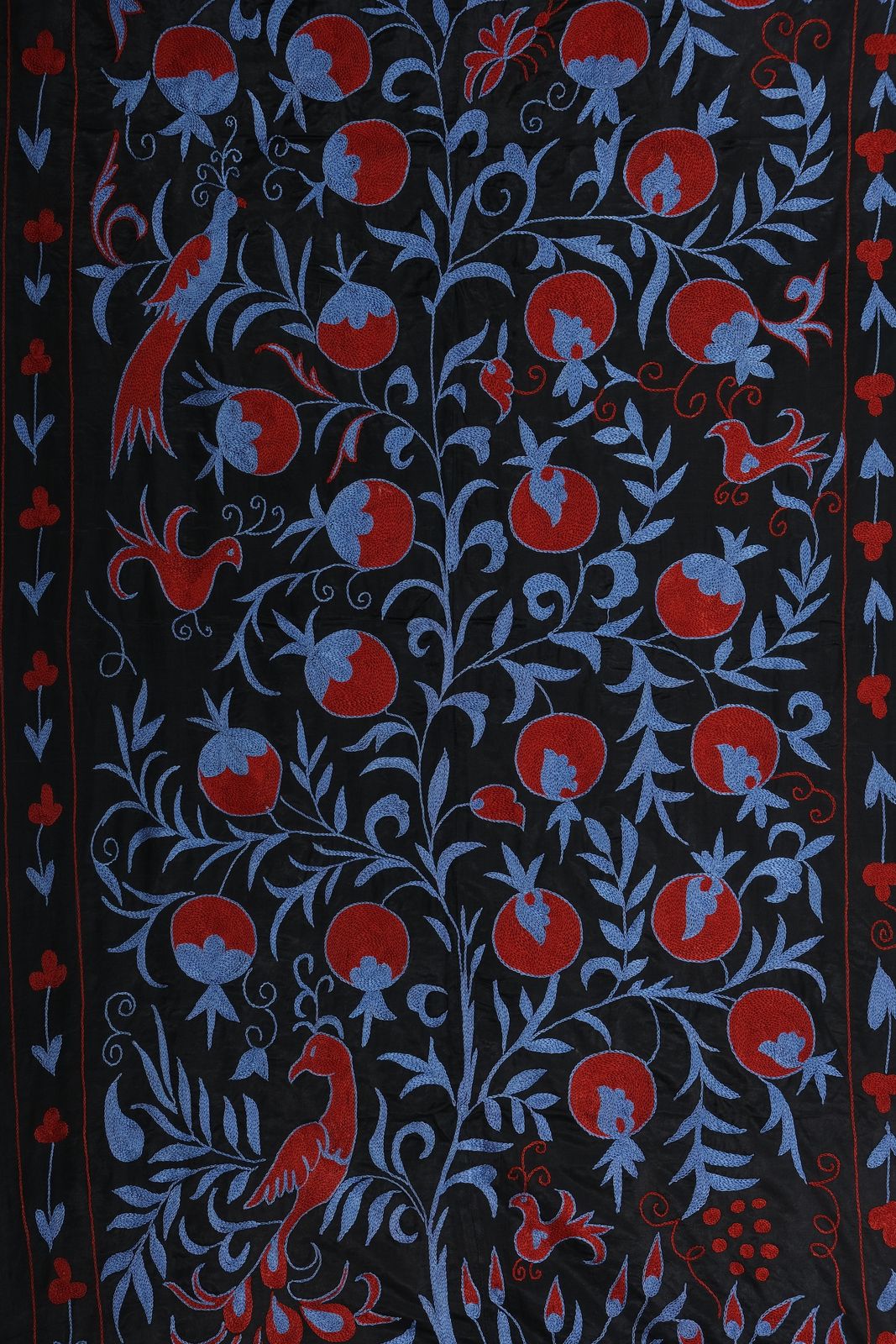 Vintage Folk Art Pictorial Silk Suzani From Uzbekistan, Tree Of Life Samarkand Suzani Tablecloth, Bird Wall Hanging Tapestry 103 X 187 photo vinterior