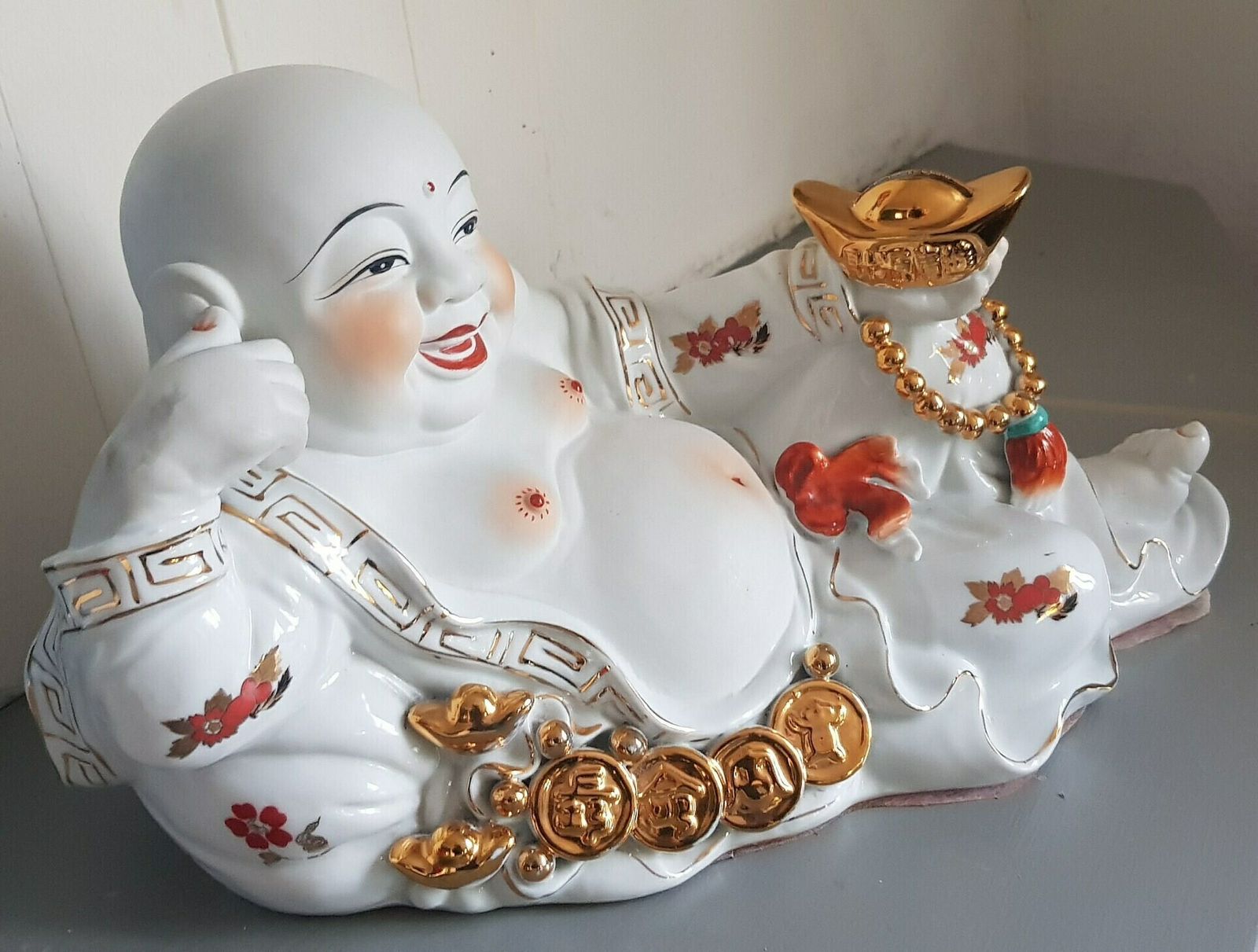 Large Vintage Porcelain Laughing Buddha Money Box photo furniture