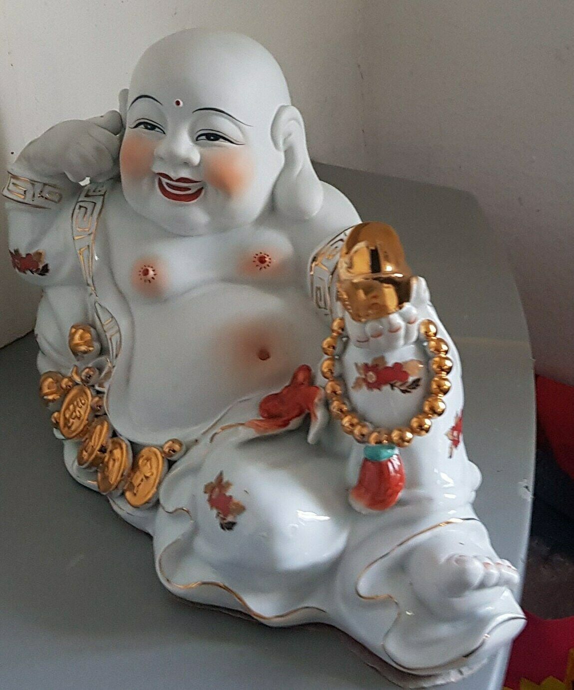 Large Vintage Porcelain Laughing Buddha Money Box photo vinterior