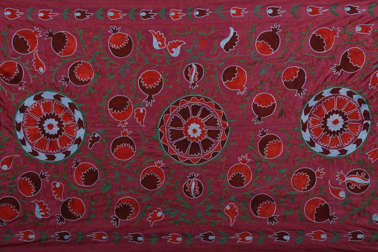 Silk Suzani Table Runner With Pomegranate Design, Red And Blue Samarkand Wall Decor 93 X 195 photo vintage