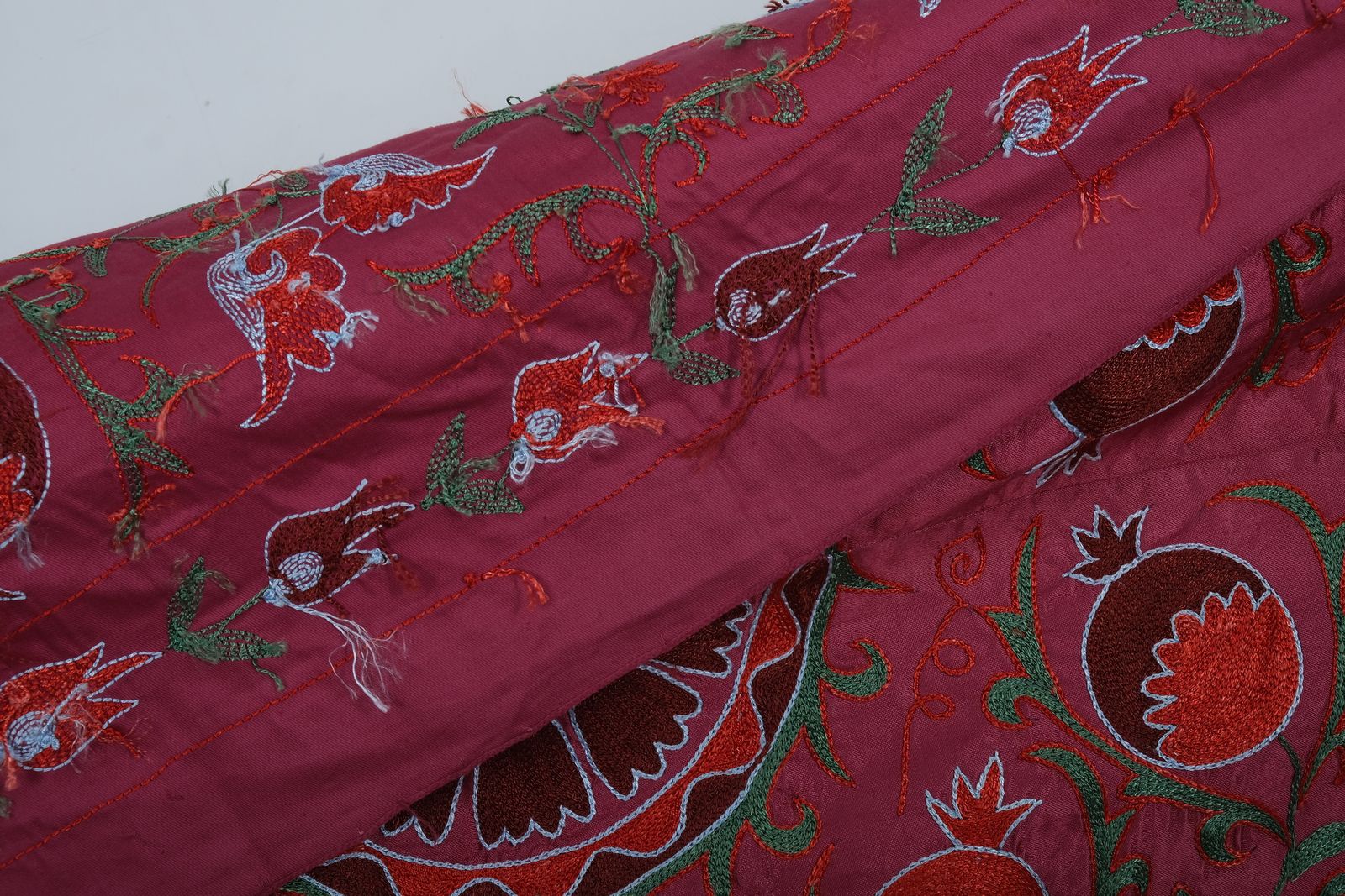 photo for sale Silk Suzani Table Runner With Pomegranate Design, Red And Blue Samarkand Wall Decor 93 X 195