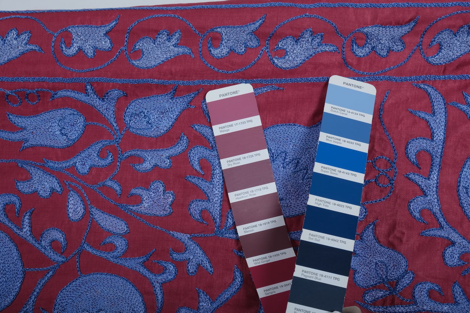 Silk Suzani Throw With Pomegranate Design, Tree Of Life Raspberry Red And Blue Suzani Wall Decor 95 X 190 photo 315.0