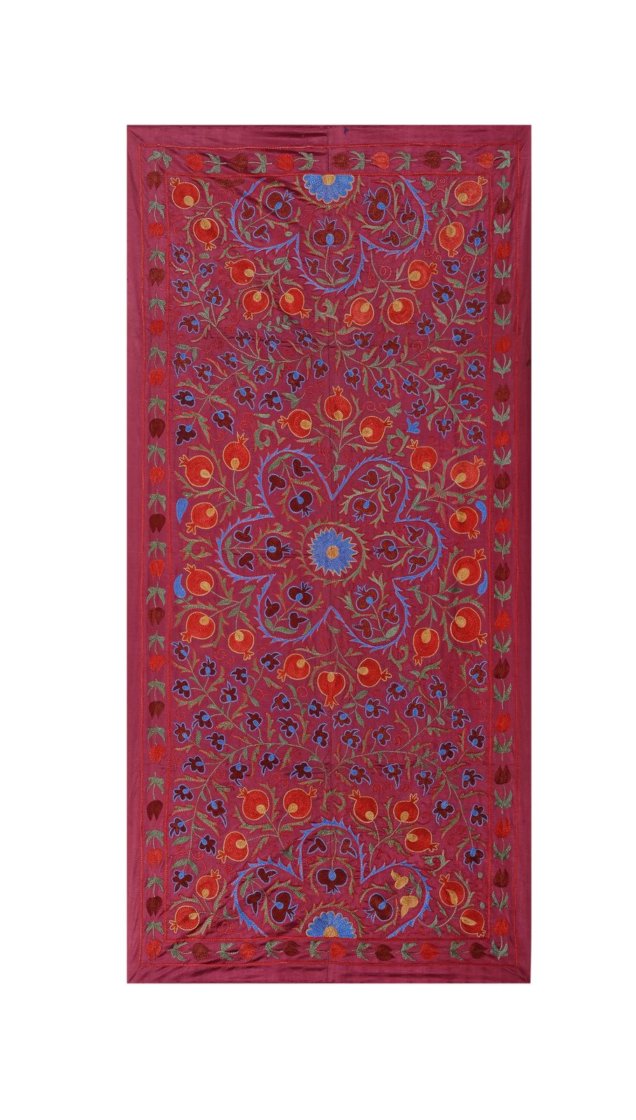 Silk Red Suzani Runner, Handmade Samarkand Suzani Fabric, Wall Hanging Decor And Coverlet 95 X 190