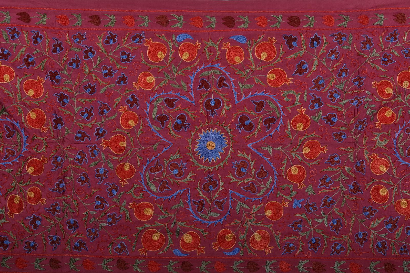 photo furniture Silk Red Suzani Runner, Handmade Samarkand Suzani Fabric, Wall Hanging Decor And Coverlet 95 X 190